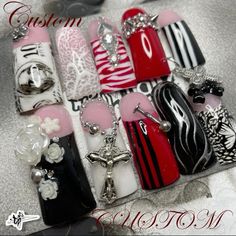 @Trashnailzz on instagram + tiktok | #nails #red #y2k #grunge | #h4da2ah Red Y2k Nails, Tiktok Nails, Red Y2k, Retro Nails, Punk Nails, Gothic Nails, Edgy Nails, Nails Aesthetic, Grunge Nails