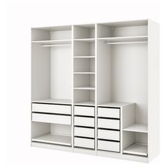 an open closet with drawers and shelves on both sides is shown in white, isolated against a plain background