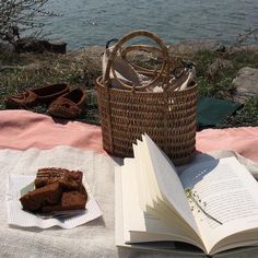 an open book sitting on top of a blanket next to a basket filled with food