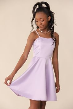 This is an all over non-stretch satin dress with adjustable straps, full circle skirt and features a high waist line. The dress hits above the knee and has a zipper back. Party Dresses For Teenage Girl, Conformation Outfit, Dresses For 13 Year Girl, Leavers Dresses, Elasticated Belts, Sp Characters, Fun Party Dress, Teen Dresses