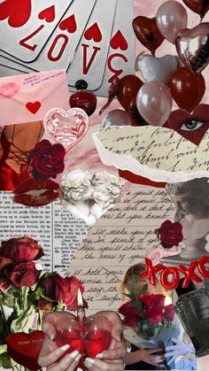 the collage has hearts, roses, and letters all over it's surface