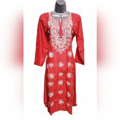 Asta Selections - Hand Embroidered Cotton Kurta, Traditional Chikankari Women's Kurti Red Straight Kurta For Spring, Red Chikankari Embroidery Sets For Spring, Spring Red Chikankari Embroidered Sets, Red Kurta For Spring, Red Traditional Wear For Spring Festivals, Cotton Traditional Wear With Dori Work, Red Kurta With Resham Embroidery For Spring, Spring Red Kurta With Resham Embroidery, Red Sets With Zari Work For Spring