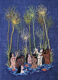 an image of people in the water surrounded by plants and flowers on a blue background