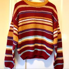 Lumiere Chunky Striped Knit Sweater Acrylic Crewneck Long Drop Shoulder Sleeves Fall Autumn Color Stripes I Love Autumn Colors All Year Long! Size Medium Brand New With Tags Bnwt Nwt Hand Knitted Red Long Sleeve Sweater, Orange Retro Long Sleeve Sweater, Red Chunky Knit Long Sleeve Sweater, Red Black Striped Sweater, Brandy Melville Red Striped Sweater, Knit Striped Sweater, Striped Knit Sweater, I Love Autumn, Love Autumn