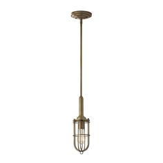 an antique brass finish pendant light fixture with caged glass shades and metal fittings