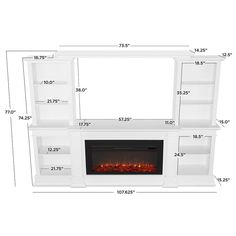 an electric fireplace is shown with measurements for the built in bookcase and shelving unit