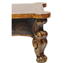 an old wooden bench with marble top and carved wood details on the legs, isolated against a white background