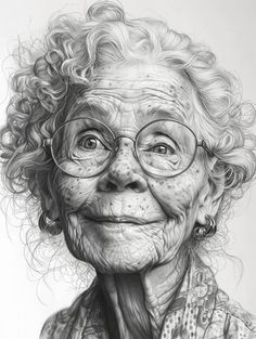 an old woman with curly hair and glasses is shown in this pencil drawing by artist michael st