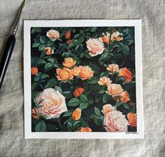 a painting of orange and white roses on a linen covered tablecloth with a black ink pen