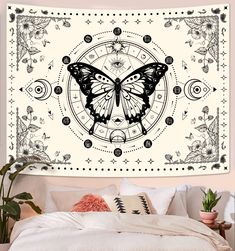 PRICES MAY VARY. 🎈【Material】: This boho butterfly tapestry is made of high-quality polyester fabric, soft, bouncy, durable, skin-friendly, lightweight and easy to hang. 🎈【Decorative】: This boho butterfly tapestry uses high-definition printing technology. The butterfly is surrounded by 12 constellations of the moon, with beautiful details. whether the wall tapestry is used as a bedroom tapestry or a living room tapestry. Your guests will praise your choice. 🎈【High Quality】: The boho butterfly Tapestry With Lights Behind It, Tapestry Bedroom Hippie, Butterfly Tapestry, Skin Packaging, Moon Butterfly, Tapestry Vintage, Living Room Dorm, Cat Bed Furniture, Vintage Halloween Decorations