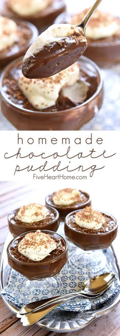 homemade chocolate puddings with whipped cream on top