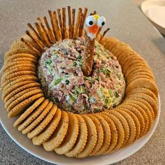 a turkey dip surrounded by crackers on a plate