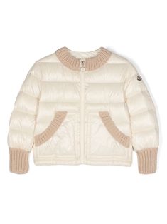 cream white feather down padded design quilted knitted panels mock neck long sleeves appliqué logo at the sleeve ribbed cuffs and hem two side pouch pockets elasticated hem full lining front zip fastening Girls Pad, Stock Design, Luxury Sportswear, Dress With Jean Jacket, Barbour Steve Mcqueen, Baby Boy Accessories, Dolce And Gabbana Kids, White Feather, Active Outfits