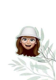 a woman with glasses and a hat on her head is smiling at the camera while standing in front of leaves