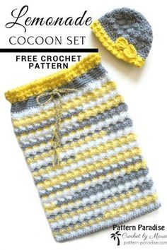 the lemonade cocoon set is crocheted in grey, yellow and white stripes