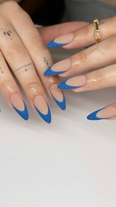 French Apres Nails, Cobalt Blue Nails French Tip, Apres Gel X Nails Design, Water Drop Nails, Nail Poses, Cobalt Blue Nails, Blue Stilettos, Blue French Tips, Navy Blue Nails