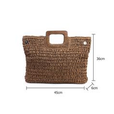 the size of a straw bag with measurements for each handle and bottom section, including an opening