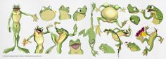 some green and yellow frogs with different poses