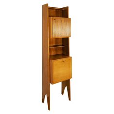 a tall wooden cabinet with two drawers on one side and an open drawer on the other