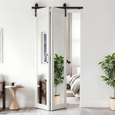 a white room divider with two plants in it and a mirror on the wall