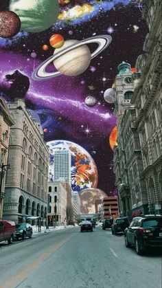 a street scene with cars parked on the side and an image of planets in the sky