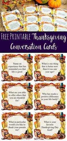 thanksgiving conversation cards with pumpkins and other items on the table in front of them