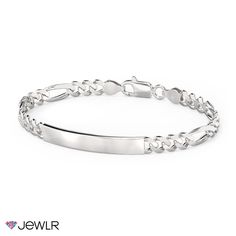 This classic engravable ID bracelet is the perfect way to identify yourself, display a special date, or remember a loved one. Handcrafted in sterling silver, this 8.5" men's bracelet features a figaro-link chain secured with a lobster clasp for just the right fit. Classic Stainless Steel Chain Bracelet, Classic Engraved White Gold Chain Bracelet, Formal Engraved Stainless Steel Bracelets, Classic Engraved Nameplate Jewelry, Formal Engraved Stainless Steel Bracelet, Formal Stainless Steel Engraved Bracelets, Elegant Stainless Steel Nameplate Bracelet, Classic Silver Name Bracelet With Polished Finish, Classic Engraved Sterling Silver Charm Bracelet