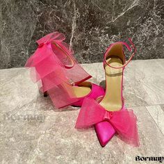 Fashionable Heeled Sandal with Discreet Clasp Pink Pointed Toe Sandals With Bow, Pink Ankle Strap Sandals For Party Season, Pink Heels With Bow For Summer, Pink Summer Wedding Heels, Pink Sandals For Formal Parties, Pink Formal Sandals For Party Season, Pink Synthetic Heels For Wedding, Pink Ankle Strap Sandals With Bow, Pink Wedding Sandals With Bow