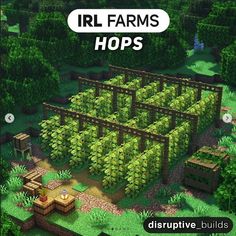 an aerial view of a farm with lots of trees and bushes in the center, surrounded by text that reads irl farms hops