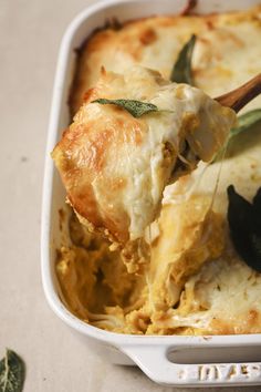 a casserole dish with cheese and herbs being lifted from the casserole