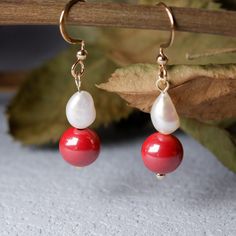 ♥ A red and shiny Cinnabar stone with Baroque Pearl. They bring elegance to you. They definitely are perfect for a happy day or an anniversary.  ♥ Every earrings are made of sterling silver 14k gold filled.  ♥ You can choose the colour among: Sterling Silver, 14K Gold, and White Gold. We also offer Ear Clip. ♥ The necklace's length: 42 cm. ♥ For bracelet, write down your accurate wrist circumference to get it personalized. For example mine is 15.1 cm. Check our store for more matched styles: htt Red Round Pearl Drop Earrings, Red Pearl Drop Round Earrings, Elegant Handmade Red Earrings, Elegant Red Pearl Earrings For Parties, Formal Red Pearl Earrings With Matching Set, Elegant Red Pearl Drop Jewelry, Red Pearl Drop Earrings, Red Pearl Earrings For Party, Red Pearl Drop Earrings For Wedding