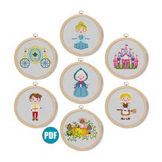 six cross stitch hoop hangings with pictures of children's characters on them and the words, princess