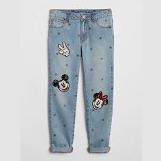 Gap Kids X Disney Collection Girlfriend Jeans Regular Size 18 New With Tags Denim Patches Diy, Dry Creek Turquoise Jewelry, Mickey Mouse And Minnie Mouse, Disney Outfit, Painted Jeans, Girlfriend Jeans, Stylish Pants, Jean Trends, Kids Denim