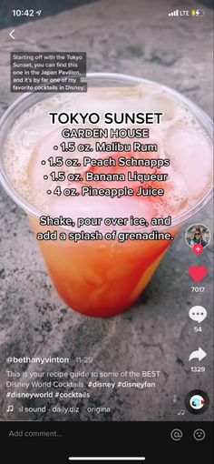 the menu for tokyo sunset is displayed on an iphone screen, and it appears to be filled with drinks