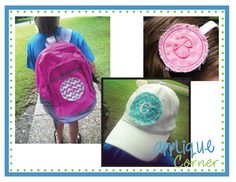 the back to school backpack is decorated with an applique and has a monogrammed circle on it