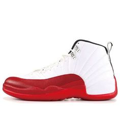 First released in 1997, the Air Jordan 12 Retro ‘Cherry’ 2009 is a retro of one of the most iconic basketball shoes of all time. Worn by Michael Jordan during his record-breaking fifth NBA Championship season, the shoe is just as popular today as it was over 20 years ago.  The white leather upper is accented by a Gym Red textured mudguard, which blends seamlessly into the black and red outsole. The heel features the numbers ‘23’ in white against a red backdrop, while the ribbed pattern in the middle of the outsole reveals a zig-zag design.  Whether you’re a die-hard Jordan fan or simply appreciate a classic sneaker. (SNKR/High Top/Colorblock/Basketball) Throwback Low-top Jordan Shoes For Basketball, White Basketball Shoes With Padded Tongue And Round Toe, Jordan Basketball Shoes With Branded Insole, Throwback White Jordan Shoes With Boost Midsole, High-top Basketball Shoes With Padded Tongue, Classic High-top Basketball Sneakers, Red Sneakers With Padded Tongue For Sneaker Matching, High-top Basketball Shoes With Padded Tongue For Sports, White Jordan Shoes With Round Toe Throwback Style