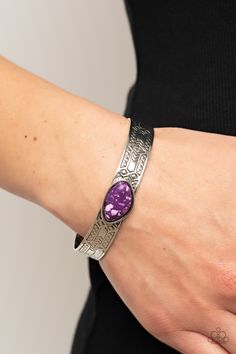 Featuring a terrazzo finish, an asymmetrical purple stone is pressed into a silver cuff embossed in geometric texture for an artisanal finish.

Sold as one individual bracelet. Accessories Website, Geometric Texture, Geometric Textures, Purple Bracelet, Purple Jewelry, Pink Bubbles, Paparazzi Accessories, Matching Rings, Purple Stones