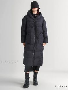 Lasaky - Stylish Winter Long Coat with Loose Fit, Hooded Design, and Oversized Pockets, Thickened Cotton Jacket Thick Hooded Parka For Fall, Oversized Outerwear With Double-lined Hood, Oversized Hooded Puffer Jacket With Pockets, Oversized Solid Hooded Jacket For Cold Weather, Oversized Hooded Winter Jacket, Oversized Hooded Long Coat For Winter, Oversized Outerwear With Double-lined Hood For Cold Weather, Oversized Long Sleeve Parka For Winter, Oversized Winter Outerwear With Drawstring Hood