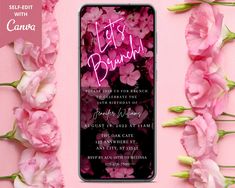 pink flowers are next to a phone with the text let's party on it