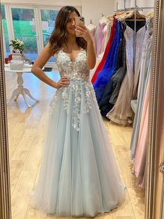 Long A Line V Neck Tulle Lace 3D Flowers Formal Graduation Prom Dresses-BIZTUNNEL Grad Dress Ideas, Ring Dance, 2022 Prom Dresses, Blue Evening Dress, Prom 2023, V Neck Prom Dresses, Prom Dress Long, Prom Dress Ideas, Lace Formal Dress