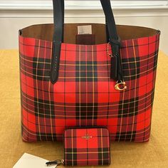 Printed Coated Canvas And Smooth Leather Top Open, Suede Lining Handles With 10 1/4" Drop Gold Tone Hardward Approx. 14' L X 12 1/2" H X 4" W Coach Zip Around Wallet Red Plaid, 4 Credit Card Slots, Full Length Bill Compartment, 4 1/2" L X 4" H X 3/4" W Please Examine The Photos For The Most Accurate Representation Of This Item. Note: The Color Tone May Differ Slightly Due To The Lighting And The Perception Of The Camera. Thank You For Your Interest. Offers Welcome! Smoke Free Home Plaid Print Coat, Print Coat, Boot Bag, Color Tone, Plaid Print, Christmas Wishes, Tartan Plaid, Canvas Tote Bag