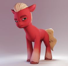 a red pony with blonde hair standing in front of a purple background