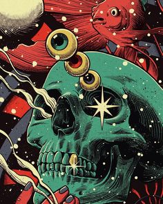 a skull with an eyeball in the middle of it's forehead, surrounded by stars and planets