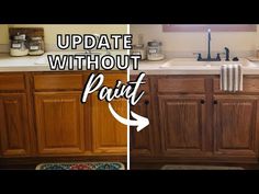 a kitchen with wooden cabinets and white counter tops, before and after the paint job