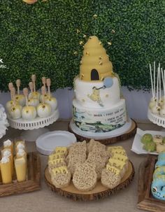 a table topped with lots of cakes and desserts