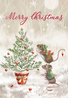 a christmas card with a mouse and a tree