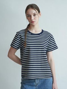 Composition : Cotton100%Color : BlackCountry of Origin : KOREA Navy Cotton Tops With Striped Hem, Navy Cotton Top With Striped Hem, Classic Navy T-shirt For Summer, Blue Tops With Signature Stripes For Summer, Navy Classic Top With Horizontal Stripes, Navy Crew Neck Top With Contrast Stripes, Classic Navy Tops With Horizontal Stripes, Classic Navy Top With Horizontal Stripes, Blue Short Sleeve Tops With Signature Stripes