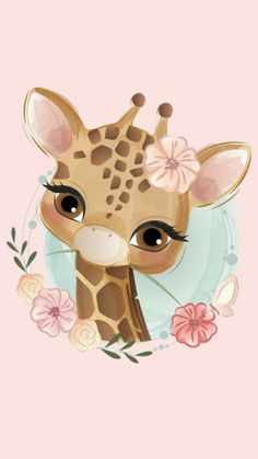 a giraffe with flowers on it's head in the middle of a pink background