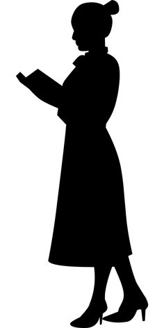 a black and white silhouette of a woman in a hat, coat and dress holding a book