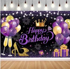 a birthday party scene with purple and gold balloons, champagne glasses, presents and gifts